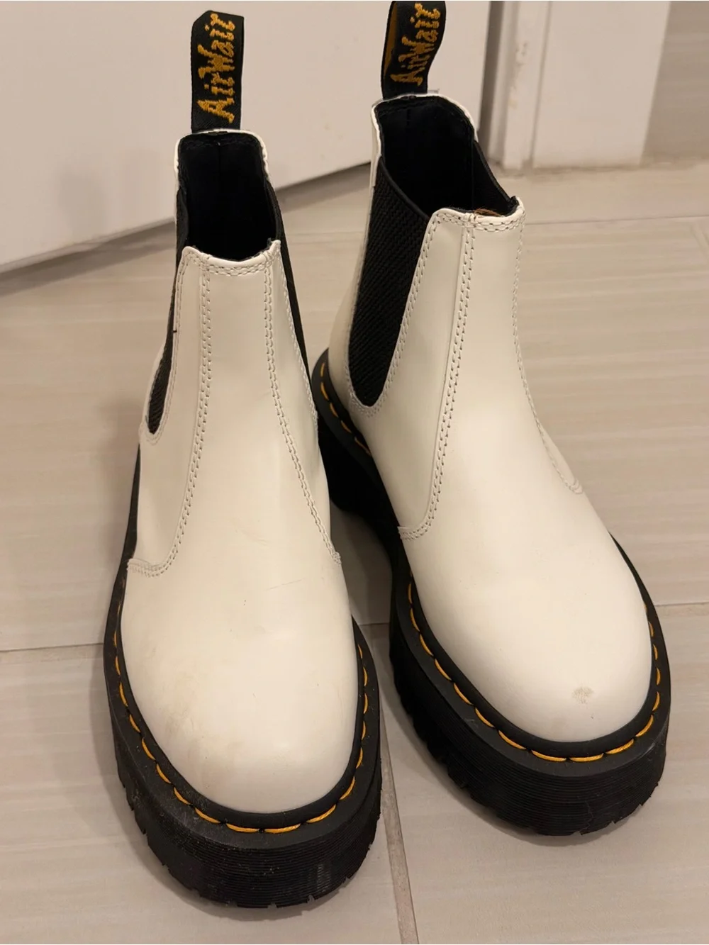Dr. Martens White Leather Chelsea Platform Boots with Black Soles